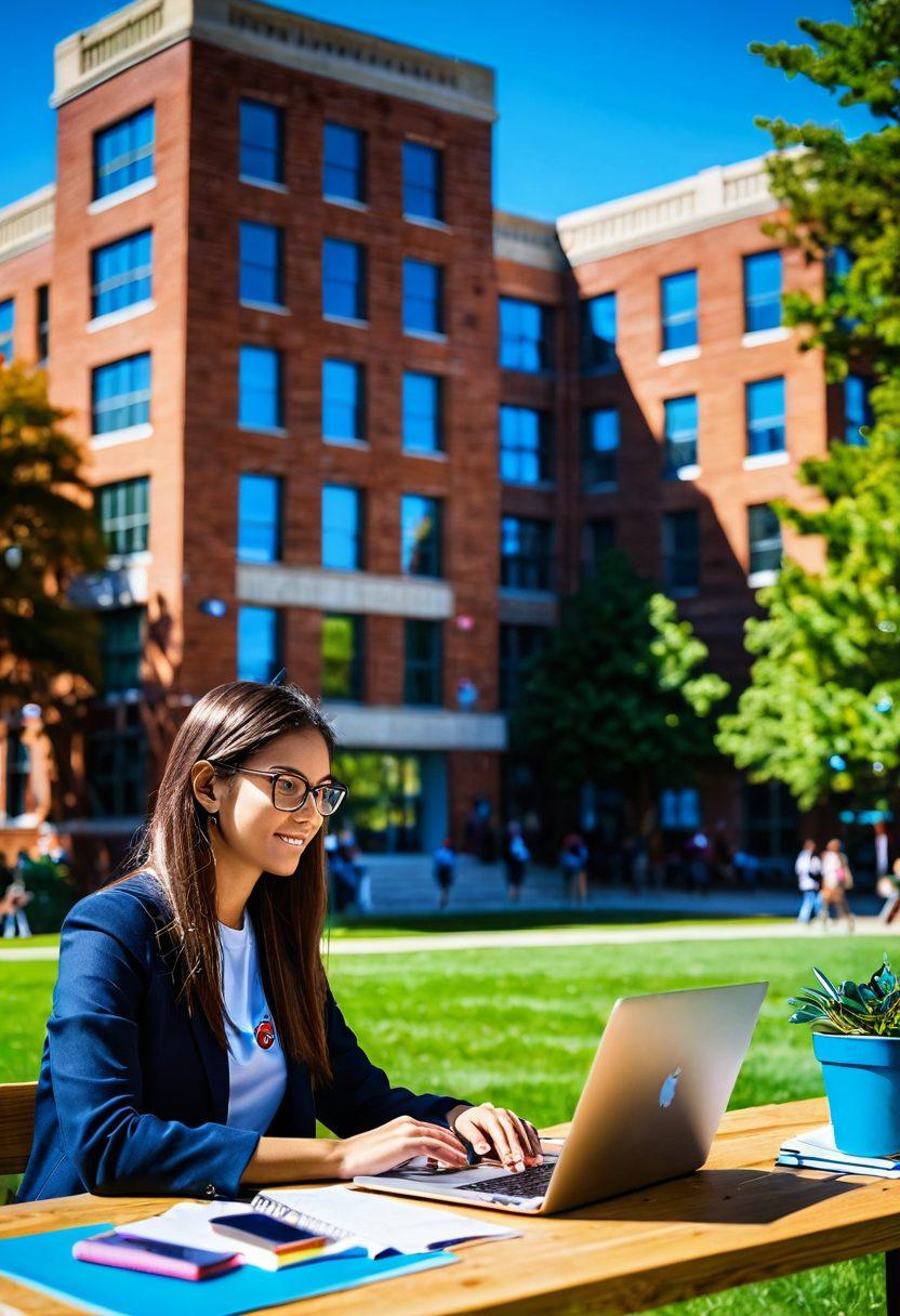 A vibrant university campus bustling with diverse students engaged in various activities, showcasing collaboration, creativity, and networking. In the foreground, a student confidently blogging on a laptop, surrounded by colorful educational tools and inspirational quotes. The background includes iconic university buildings and greenery, illustrating a sense of opportunity and growth. super-realistic. vibrant colors. bright blue sky.