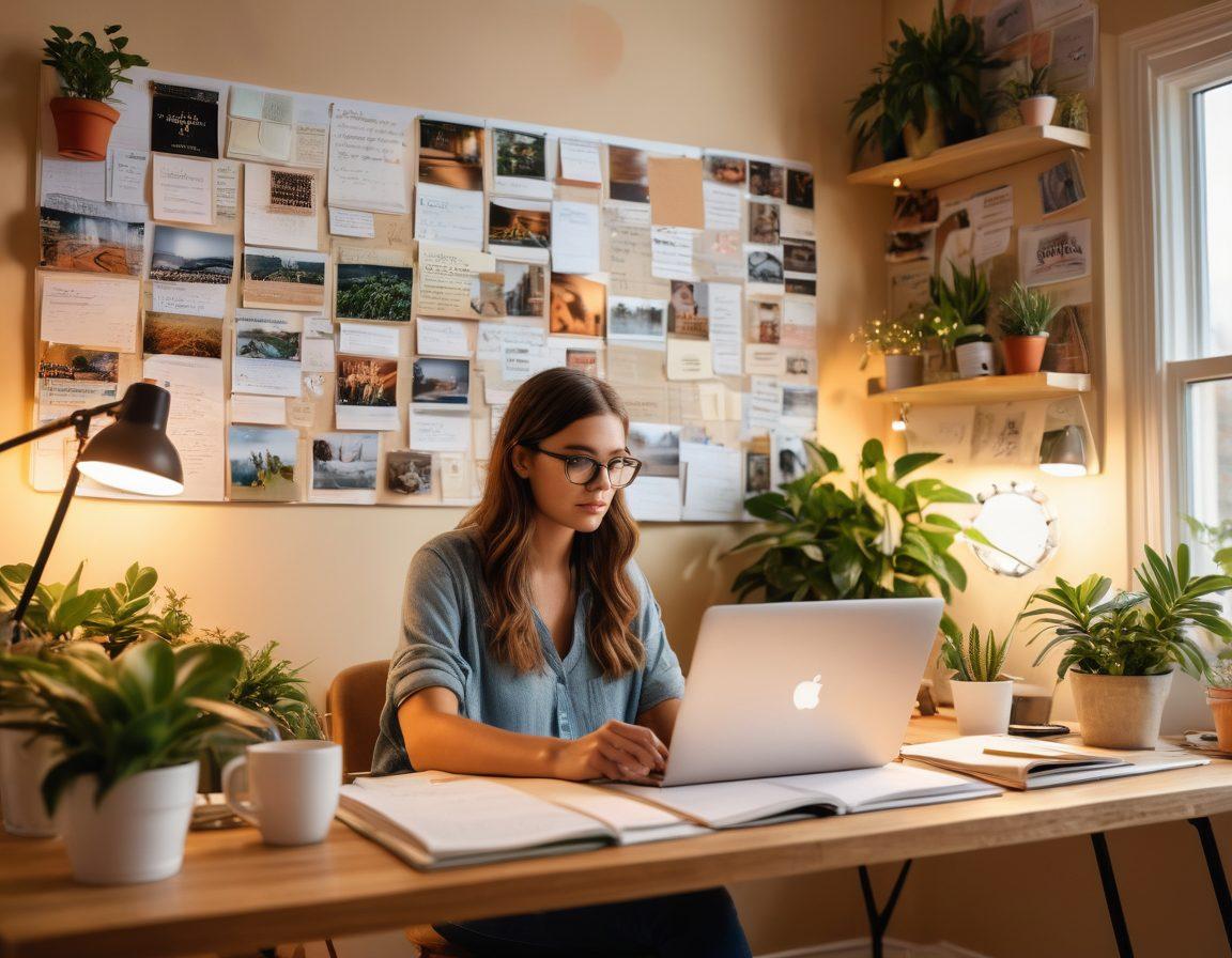 A young university student sitting at a stylish desk filled with notebooks, a laptop, and coffee, looking thoughtfully at a vision board filled with career aspirations and blog ideas. A soft, glowing light illuminates the room, with motivational quotes on the walls, and plants adding freshness to the space. The atmosphere exudes creativity and ambition. super-realistic. vibrant colors. cozy setting.