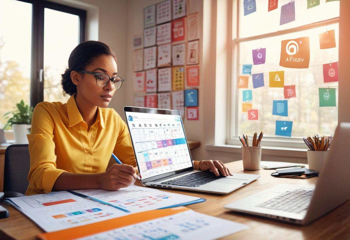 A young professional at a desk, surrounded by various 'employment' symbols like a laptop with a graph showing progress, a calendar marked with internship dates, and stacks of books labeled 'Faculty Jobs'. In the background, an open window lets in sunlight, creating a hopeful atmosphere. A thought bubble above the professional contains icons of blogging tools. vibrant colors. 3D.